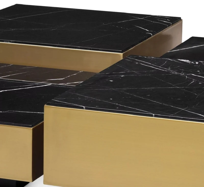 Casa Padrino Luxus Edelstahl Couchtisch Set mit Marmor Tischplatten Messingfarben / Schwarz - Wohnzimmer Möbel - Luxus Möbel - Luxus Kollektion