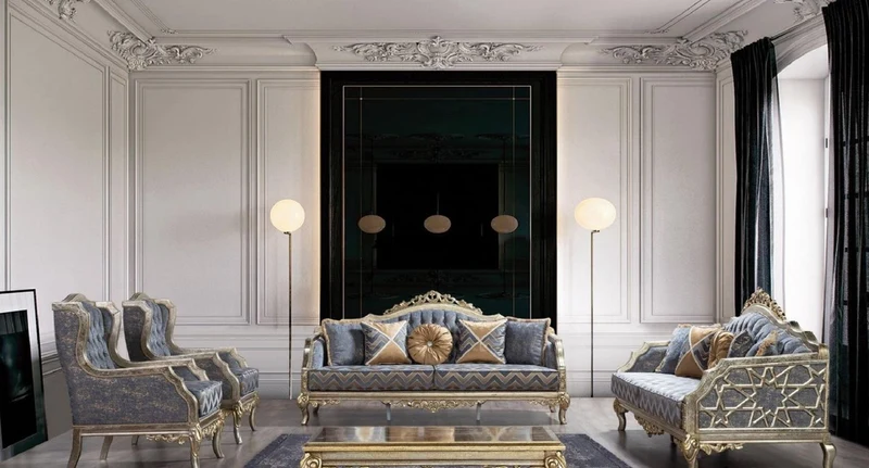 Casa Padrino Luxus Barock Wohnzimmer Set Blau / Silber / Gold - 2 Barock Sofas mit Muster & 2 Barock Sessel mit Muster & 1 Barock Couchtisch - Barock Wohnzimmer Möbel