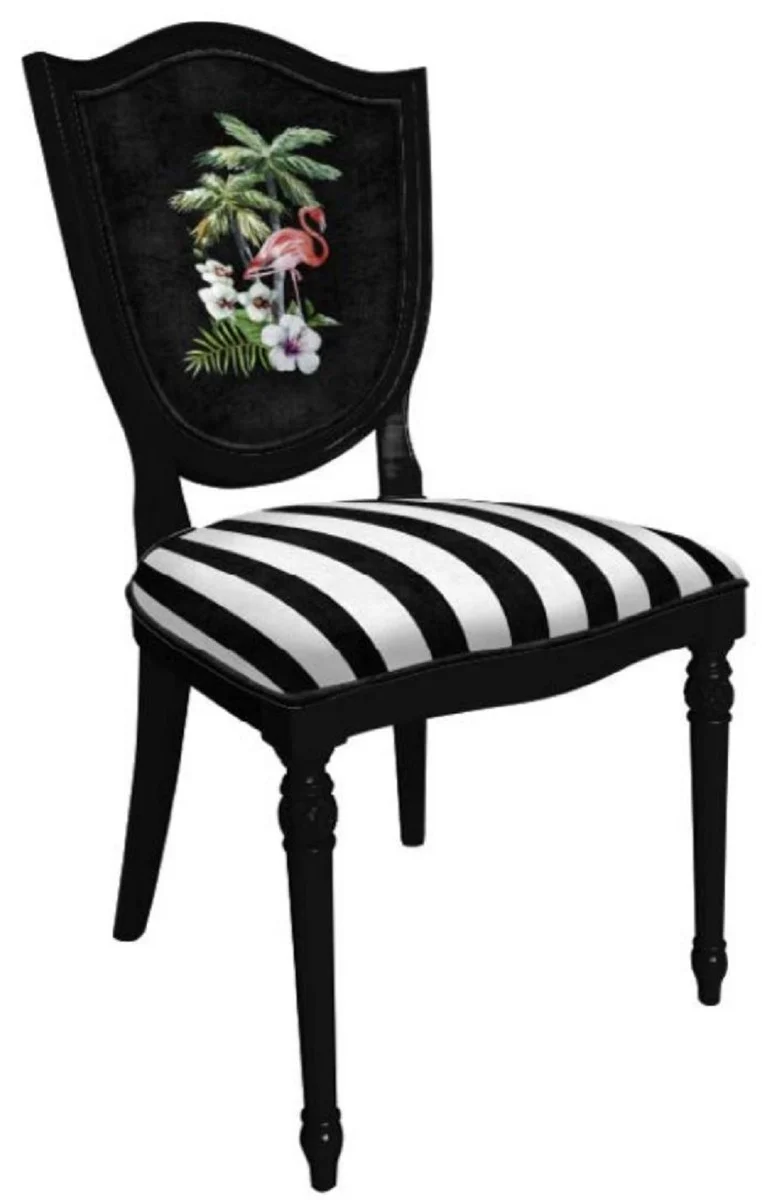 Casa Padrino Art Deco Esszimmerstuhl Set Weiß / Mehrfarbig / Schwarz - 6 Handgefertigte Art Deco Küchen Stühle mit Design und Streifen - Art Deco Esszimmer Möbel