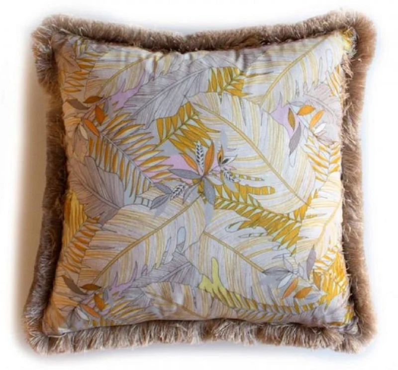 Casa Padrino Luxus Deko Kissen Blätter Design Mehrfarbig / Braun 45 x 45 cm - Bedrucktes Samt Kissen mit Fransen - Deko Accessoires