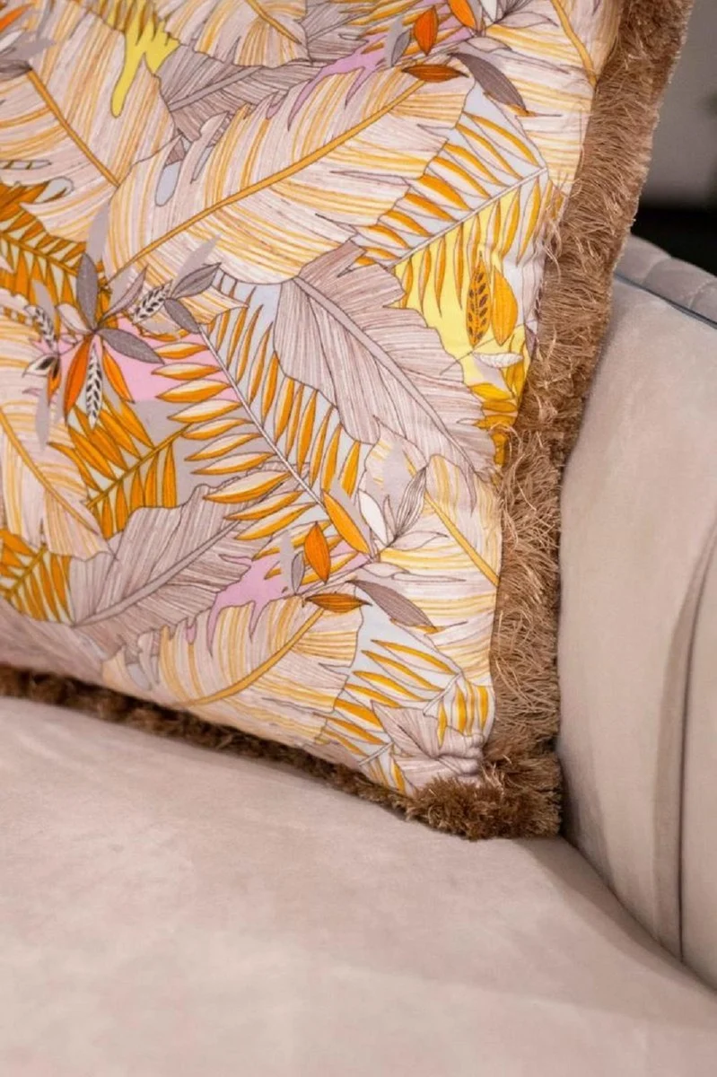 Casa Padrino Luxus Deko Kissen Blätter Design Mehrfarbig / Braun 45 x 45 cm - Bedrucktes Samt Kissen mit Fransen - Deko Accessoires