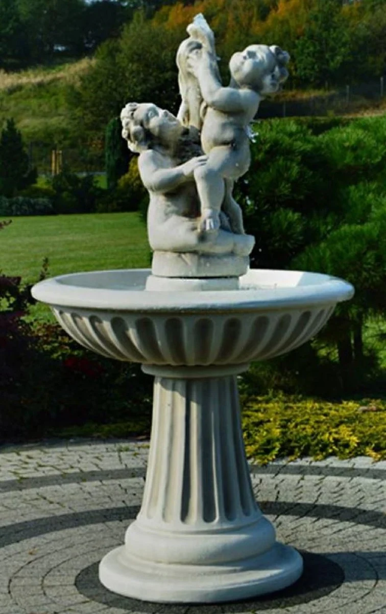 Casa Padrino Jugendstil Springbrunnen Kinder mit Fisch Grau Ø 92 x H. 161 cm - Prunkvoller Gartenbrunnen - Gartendeko Brunnen - Barock & Jugendstil Garten Deko Accessoires