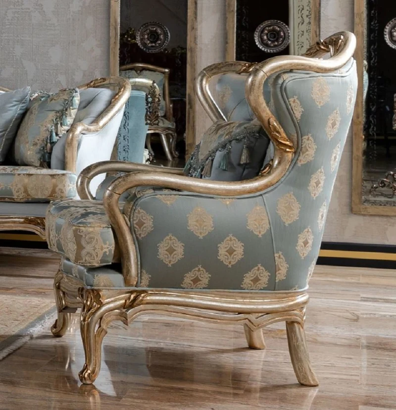 Casa Padrino Luxus Barock Ohrensessel Hellblau / Silber / Gold - Prunkvoller Wohnzimmer Sessel im Barockstil - Barock Möbel