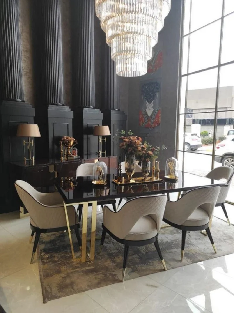 Casa Padrino Luxus Art Deco Esszimmerstuhl 8er Set Beige / Dunkelbraun / Gold 58 x 65 x H. 90 cm - Art Deco Esszimmer & Restaurant Möbel - Luxus Qualität