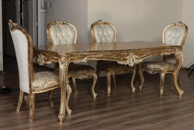 Casa Padrino Luxus Barock Esszimmerstuhl Set Weiß / Gold / Antik Gold - Handgefertigtes Küchen Stühle 6er Set mit elegantem Muster - Barock Esszimmer Möbel - Edel & Prunkvoll