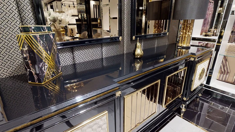Casa Padrino Luxus Art Deco Sideboard Schwarz / Weiß / Gold - Prunkvoller Massivholz Schrank mit 4 Türen - Luxus Art Deco Wohnzimmer & Hotel Möbel