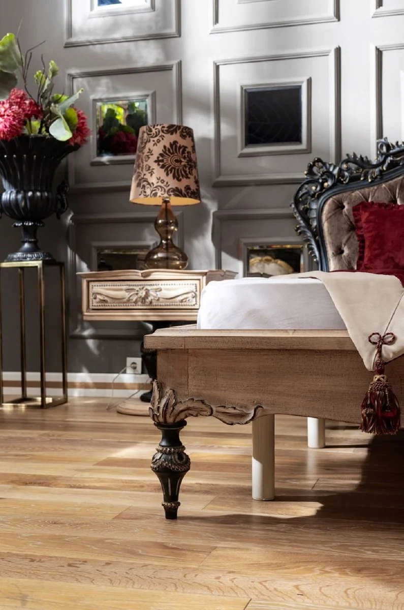 Casa Padrino Luxus Barock Doppelbett Dunkelbraun / Naturfarben / Schwarz / Gold - Edles Massivholz Bett mit Kopfteil - Prunkvolle Schlafzimmer Möbel im Barockstil