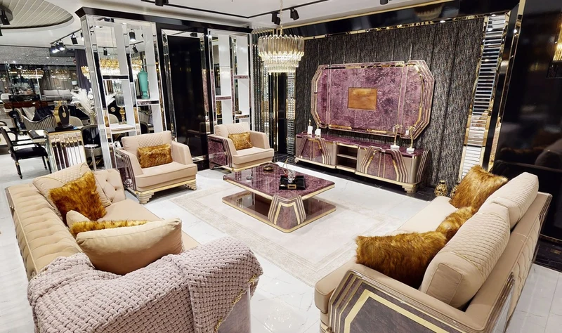 Casa Padrino Luxus Art Deco Sessel Beige / Lila / Grau / Gold - Edler Wohnzimmer Sessel mit Marmoroptik - Luxus Art Deco Wohnzimmer & Hotel Möbel