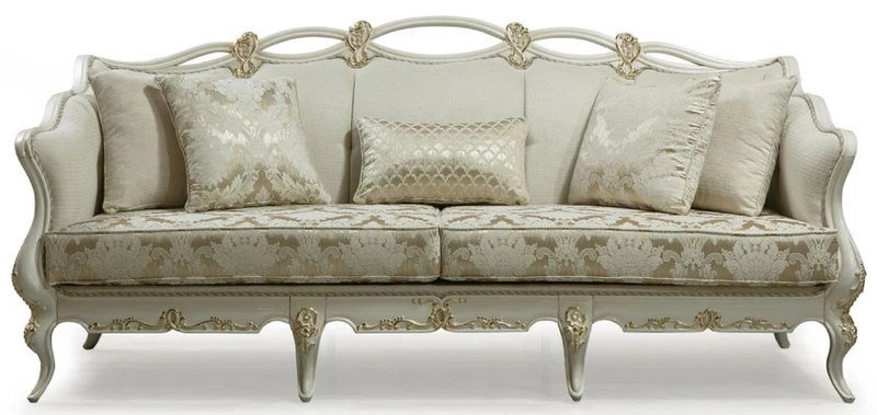 Casa Padrino Luxus Barock Sofa Cremefarben / Weiß / Gold - Handgefertigtes Wohnzimmer Sofa mit dekorativen Kissen - Wohnzimmer Möbel im Barockstil - Edel & Prunkvoll