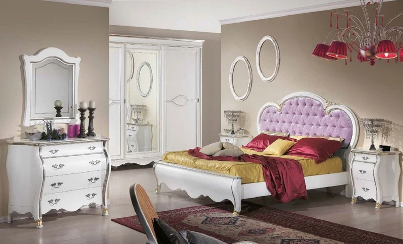 Casa Padrino Luxus Barock Doppelbett Lila / Weiß / Gold - Prunkvolles Massivholz Bett im Barockstil - Barock Schlafzimmer & Hotel Möbel - Luxus Qualität - Made in Italy