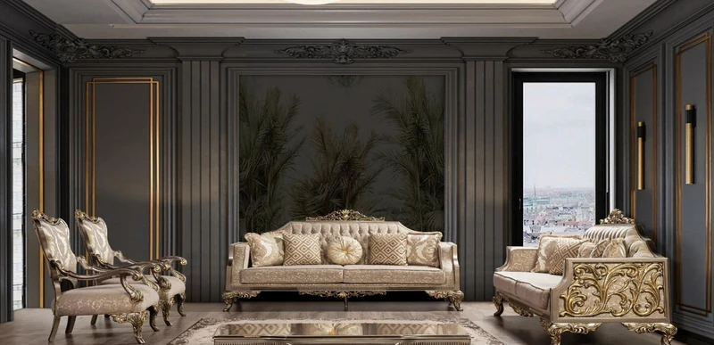 Casa Padrino Luxus Barock Wohnzimmer Set Grau / Beige / Silber / Gold - 2 Barock Sofas mit Muster & 2 Barock Sessel mit Muster & 1 Barock Couchtisch - Barock Wohnzimmer Möbel