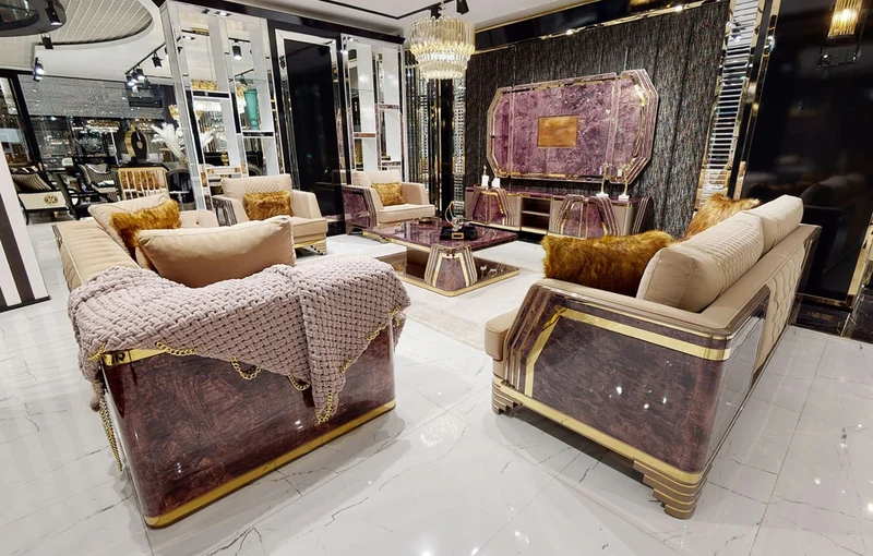 Casa Padrino Luxus Art Deco Sofa Beige / Lila / Grau / Gold - Edles Wohnzimmer Sofa mit Marmoroptik - Luxus Art Deco Wohnzimmer & Hotel Möbel