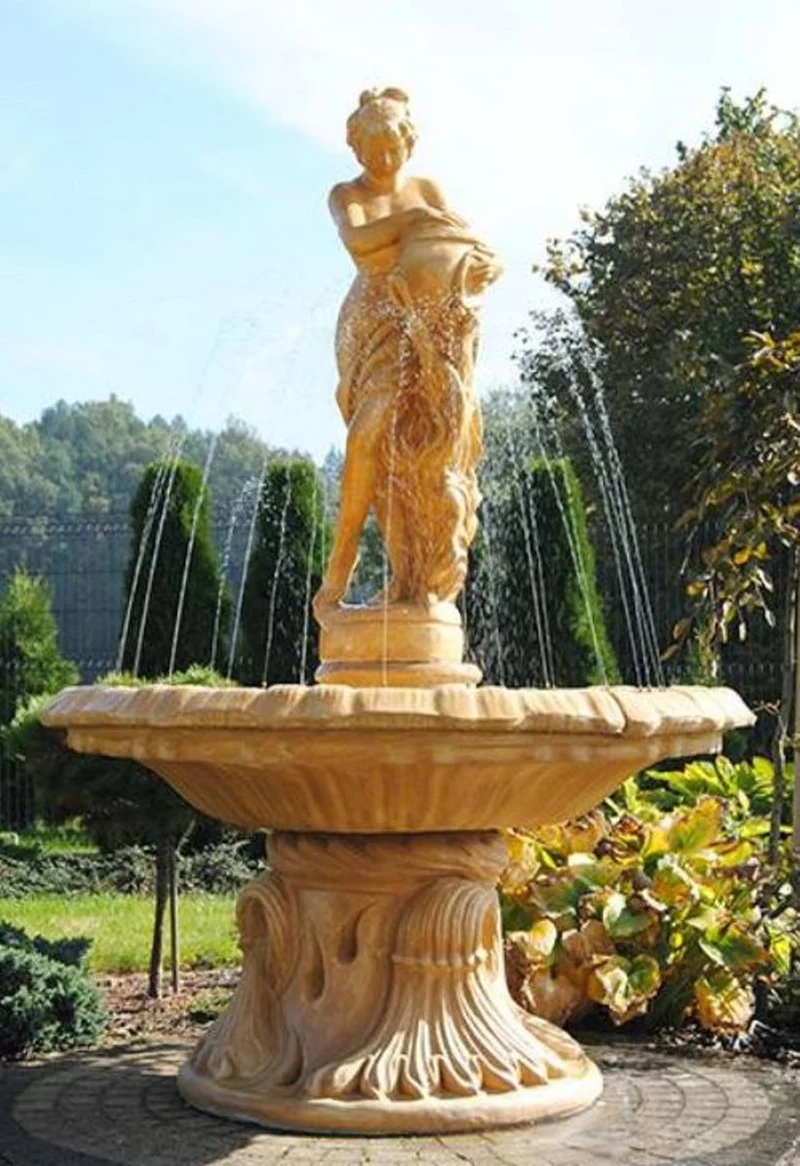 Casa Padrino Jugendstil Springbrunnen Frau mit Krug Beige Ø 155 x H. 218 cm - Prunkvoller Gartenbrunnen - Gartendeko Brunnen - Barock & Jugendstil Garten Deko Accessoires