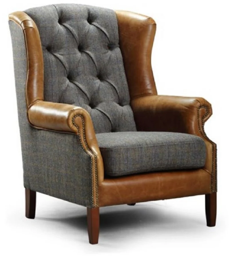 Casa Padrino Luxus Chesterfield Ohrensessel Grau / Braun / Dunkelbraun 83 x 90 x H. 105 cm - Wohnzimmer Sessel mit Echtleder - Chesterfield Wohnzimmer Möbel