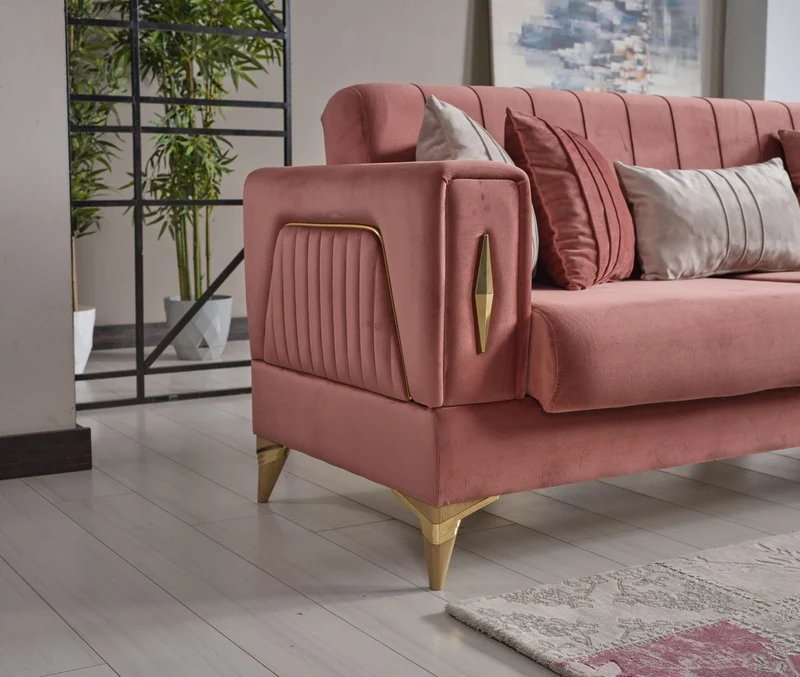 Casa Padrino Luxus Schlafsofa Rosa / Gold 222 x 93 x H. 87 cm - Wohnzimmer Sofa mit 5 Kissen - Luxus Wohnzimmer Möbel