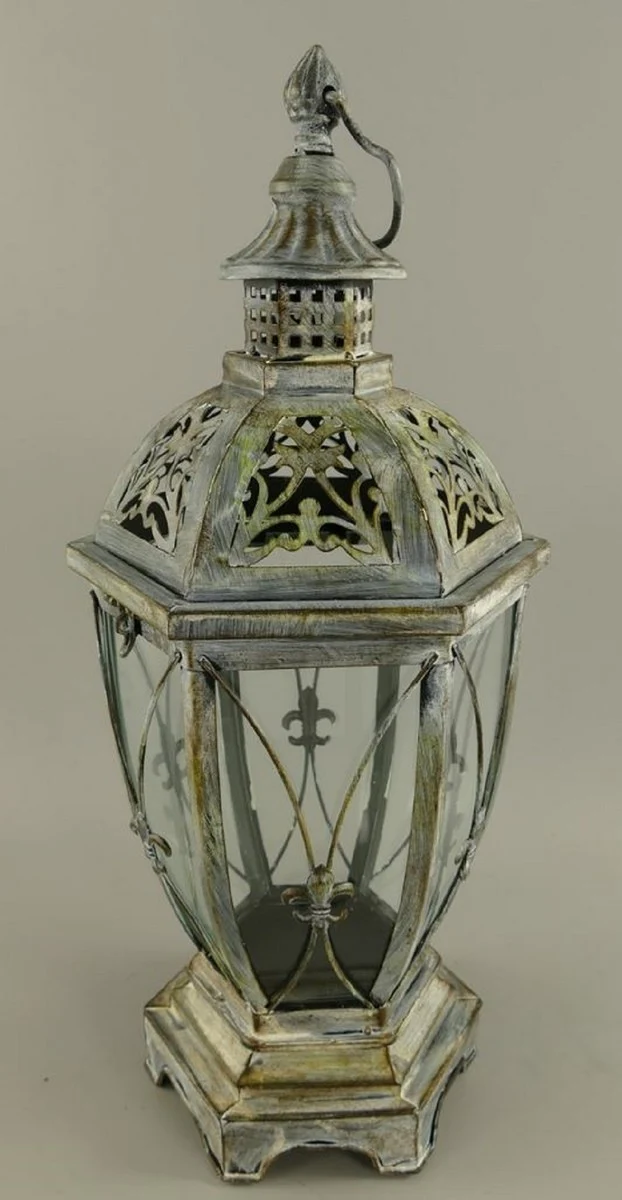 Casa Padrino Jugendstil Laterne Antik Silber 25 x 25 x H. 58 cm - Metall Tischlaterne mit Tragegriff - Barock & Jugendstil Deko Accessoires