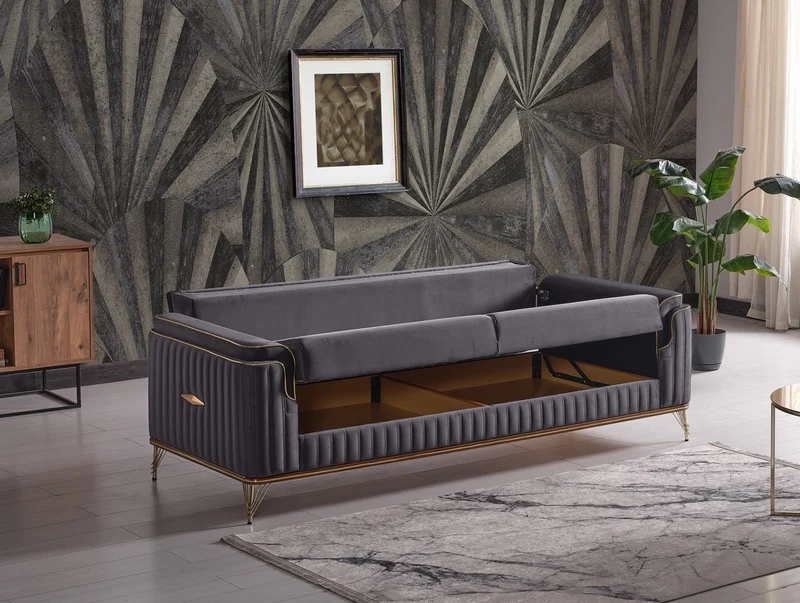 Casa Padrino Luxus Schlafsofa Dunkelgrau / Braun / Gold 228 x 94 x H. 88 cm - Wohnzimmer Sofa mit 3 Kissen - Luxus Wohnzimmer Möbel