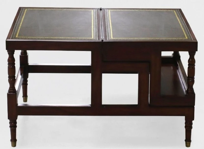 Casa Padrino Luxus Jugendstil Couchtisch Dunkelbraun / Grün / Gold - Ausklappbare Massivholz Bibliothekstreppe mit Echtleder - Jugendstil Wohnzimmer Möbel - Edel & Prunkvoll