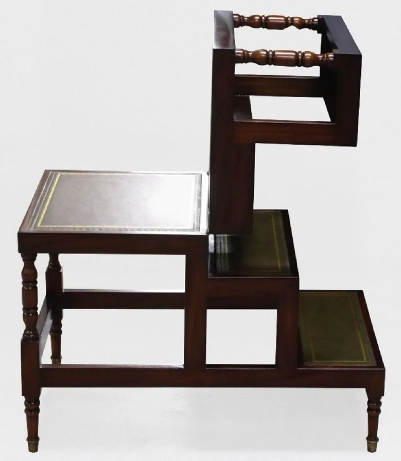 Casa Padrino Luxus Jugendstil Couchtisch Dunkelbraun / Grün / Gold - Ausklappbare Massivholz Bibliothekstreppe mit Echtleder - Jugendstil Wohnzimmer Möbel - Edel & Prunkvoll