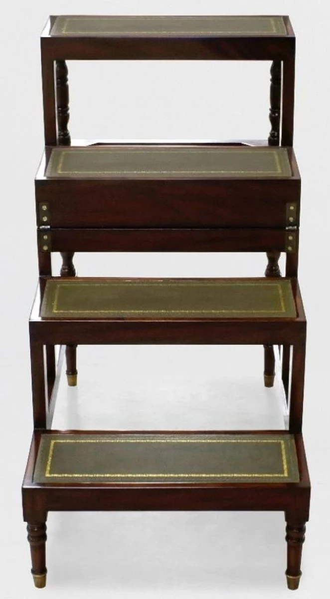 Casa Padrino Luxus Jugendstil Couchtisch Dunkelbraun / Grün / Gold - Ausklappbare Massivholz Bibliothekstreppe mit Echtleder - Jugendstil Wohnzimmer Möbel - Edel & Prunkvoll
