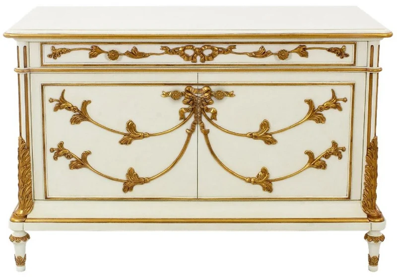 Casa Padrino Luxus Barock Sideboard Cremefarben / Weiß / Gold - Prunkvoller Massivholz Schrank mit 2 Türen und Schublade - Barock Möbel