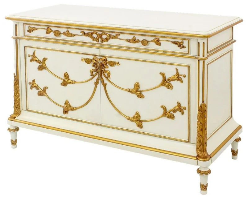 Casa Padrino Luxus Barock Sideboard Cremefarben / Weiß / Gold - Prunkvoller Massivholz Schrank mit 2 Türen und Schublade - Barock Möbel