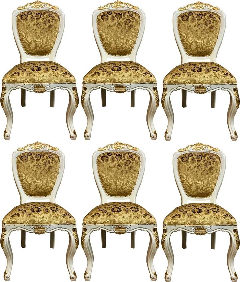 Pompöös by Casa Padrino Luxus Barock Esszimmerstühle Gold Bouquet Muster / Creme-Weiß / Gold - Pompööse Barock Stühle designed by Harald Glööckler - 6 Esszimmerstühle - Barock Esszimmer Möbel