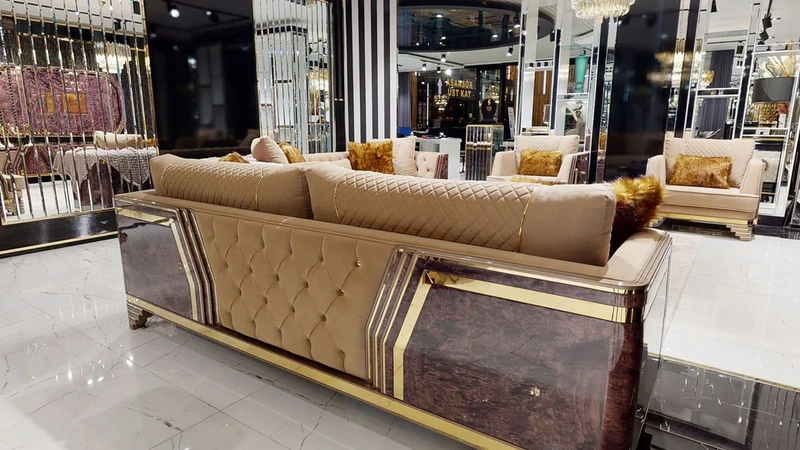 Casa Padrino Luxus Art Deco Wohnzimmer Set Beige / Lila / Grau / Gold - 2 Sofas & 2 Sessel & 1 Couchtisch - Luxus Art Deco Wohnzimmer & Hotel Möbel