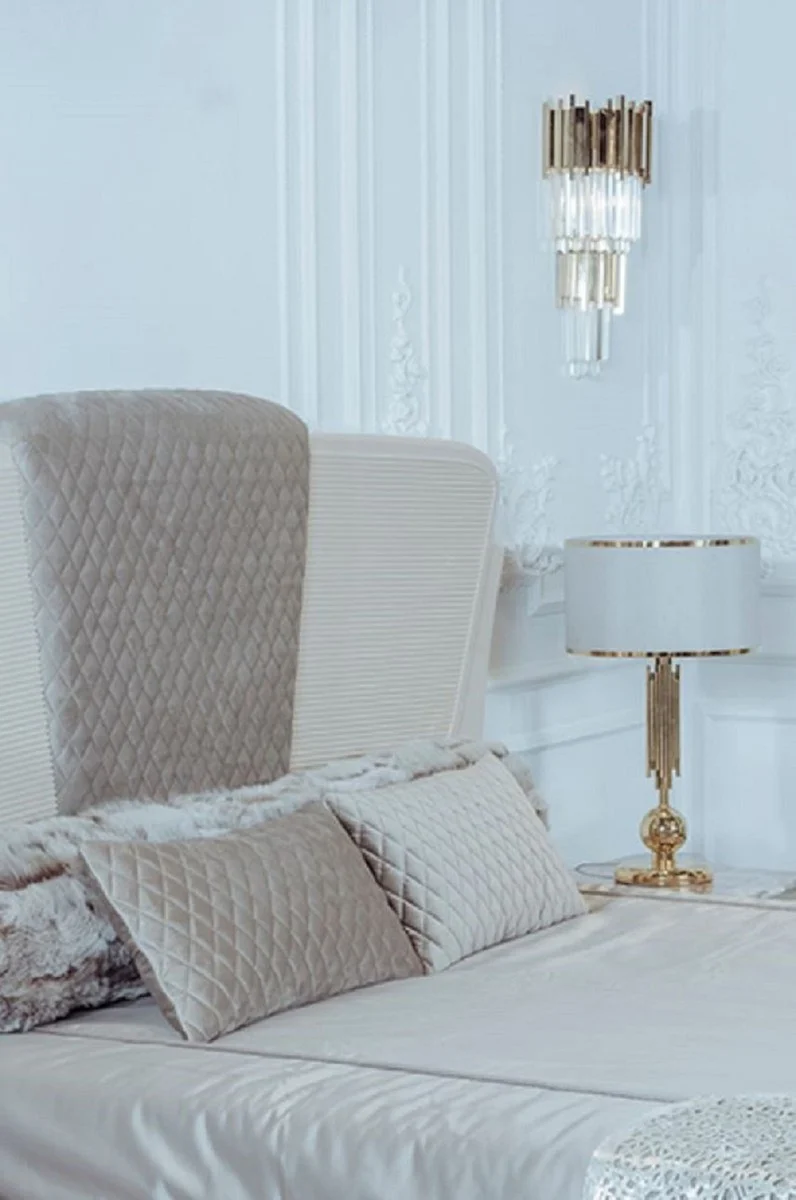 Casa Padrino Luxus Art Deco Schlafzimmer Set Beige / Grau / Gold - 1 Doppelbett mit Kopfteil & 2 Nachttische - Art Deco Schlafzimmer & Hotel Möbel - Luxus Kollektion