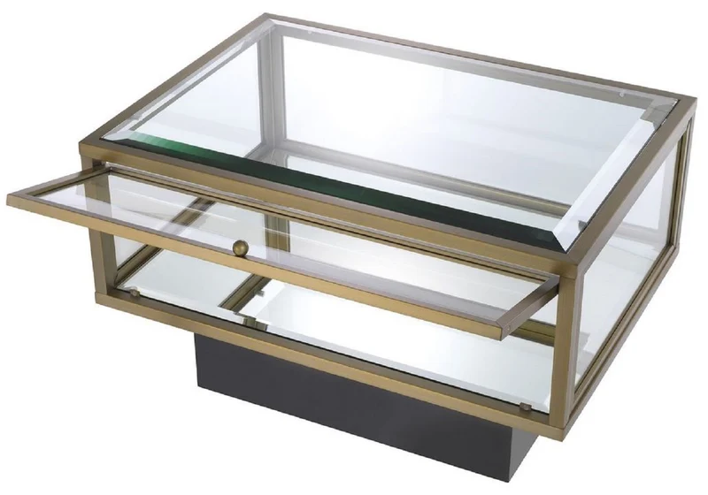Casa Padrino Luxus Beistelltisch Messingfarben / Schwarz 70 x 50 x H. 46 cm - Rechteckiger Edelstahl Tisch mit Glasplatten und Spiegelglas Boden - Luxus Wohnzimmer & Hotel Möbel