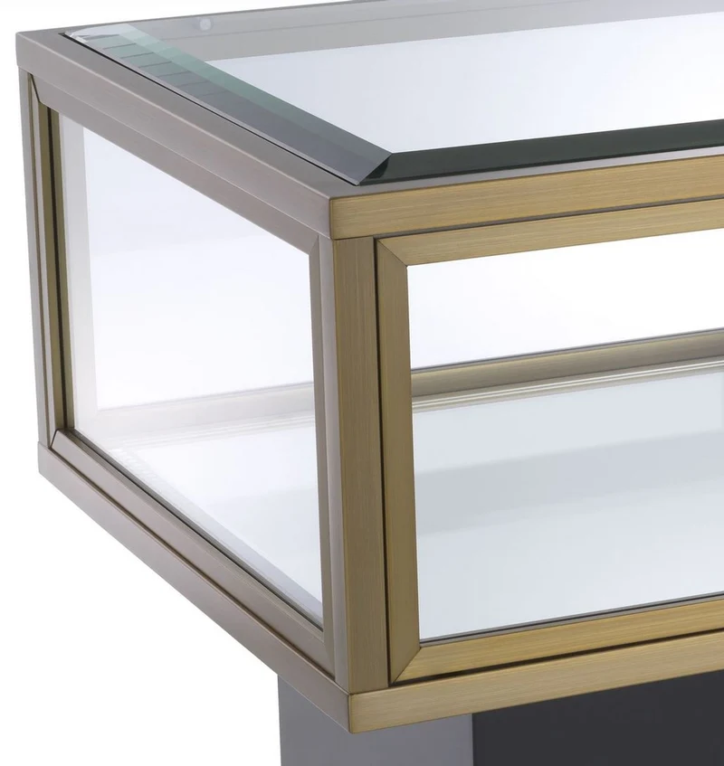 Casa Padrino Luxus Beistelltisch Messingfarben / Schwarz 70 x 50 x H. 46 cm - Rechteckiger Edelstahl Tisch mit Glasplatten und Spiegelglas Boden - Luxus Wohnzimmer & Hotel Möbel