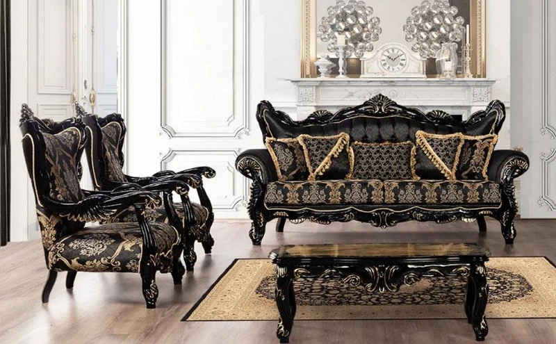 Casa Padrino Luxus Barock Wohnzimmer Set Schwarz / Gold - 2 Sofas mit Muster & 2 Sessel mit Muster & 1 Couchtisch - Prunkvolle Barock Wohnzimmer Möbel