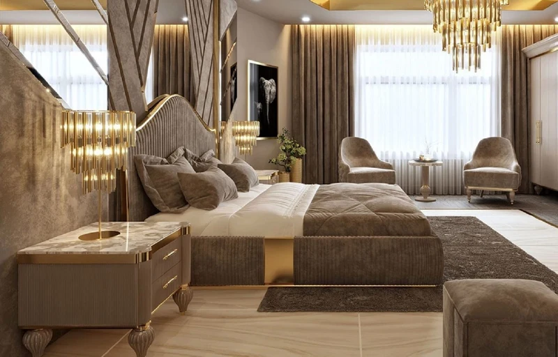Casa Padrino Luxus Art Deco Schlafzimmer Set Grau / Weiß / Gold - 1 Doppelbett mit Kopfteil & 2 Nachttische - Art Deco Schlafzimmer & Hotel Möbel - Luxus Kollektion