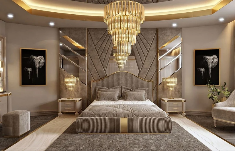 Casa Padrino Luxus Art Deco Schlafzimmer Set Grau / Weiß / Gold - 1 Doppelbett mit Kopfteil & 2 Nachttische - Art Deco Schlafzimmer & Hotel Möbel - Luxus Kollektion