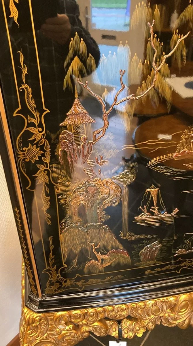 Casa Padrino Luxus Barock Barschrank Schwarz / Mehrfarbig / Gold - Prunkvoller Massivholz Schrank mit LED Beleuchtung - Barock Wohnzimmer Möbel - Barock Bar Möbel - Barock Hotel Möbel