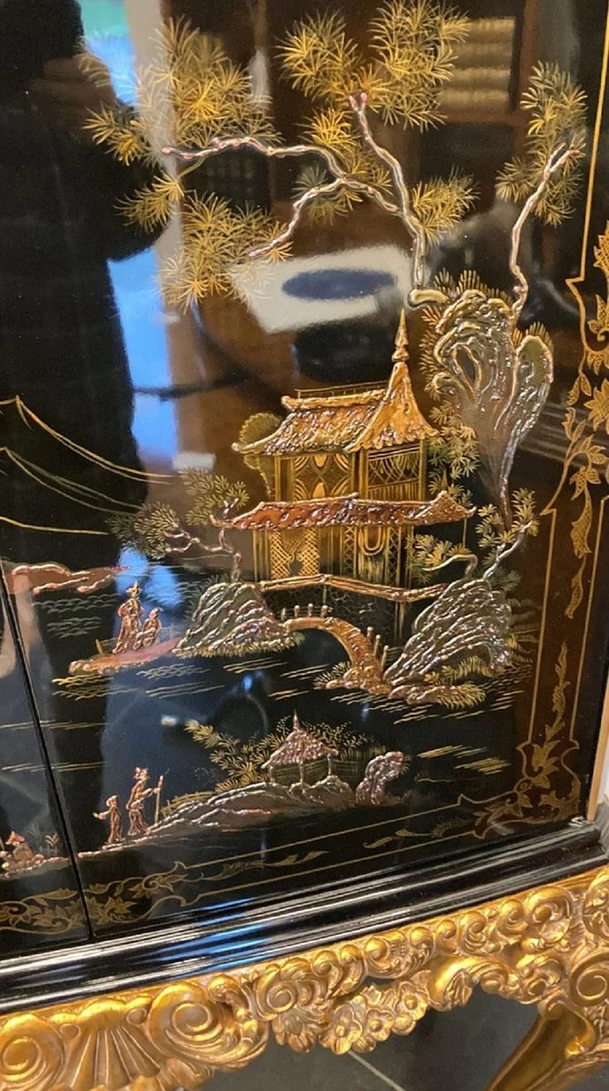 Casa Padrino Luxus Barock Barschrank Schwarz / Mehrfarbig / Gold - Prunkvoller Massivholz Schrank mit LED Beleuchtung - Barock Wohnzimmer Möbel - Barock Bar Möbel - Barock Hotel Möbel