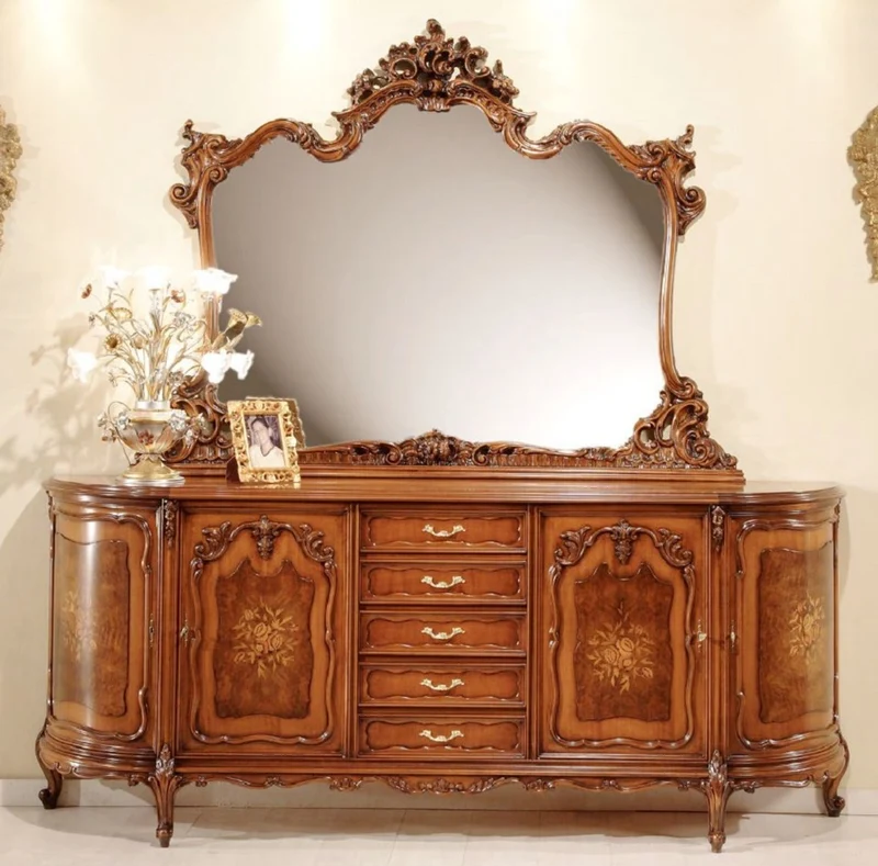 Casa Padrino Luxus Barock Sideboard mit Spiegel Braun - Prunkvoller Massivholz Schrank mit Wandspiegel - Handgefertigte Barock Hotel Möbel - Luxus Qualität - Made in Italy