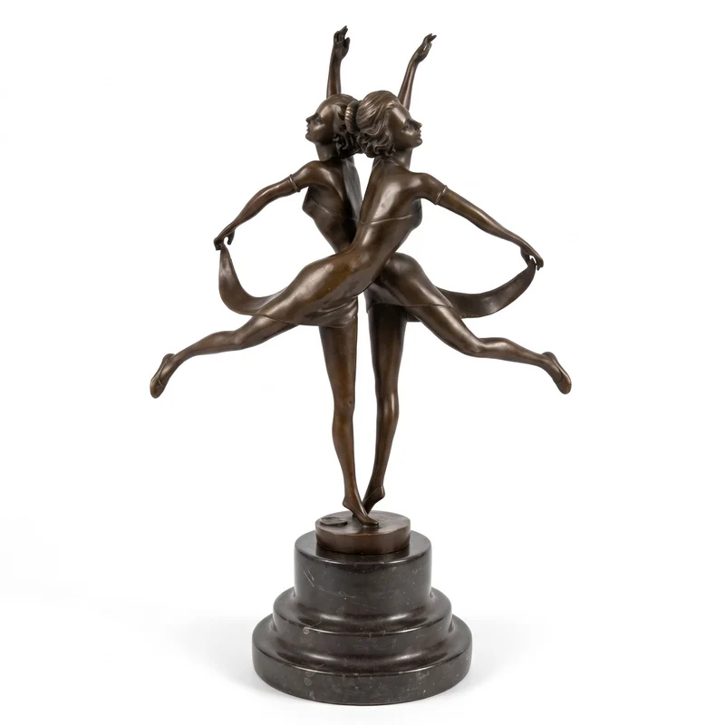Casa Padrino Luxus Jugendstil Bronze Skulptur Tänzerinnen mit Marmorsockel Bronzefarben / Schwarz 24 x 13 x H. 36 cm - Bronzefigur - Dekofigur - Deko Accessoires