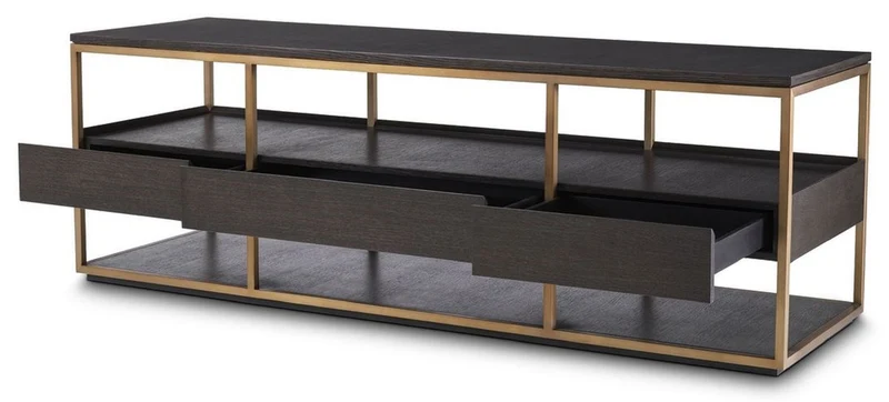 Casa Padrino Luxus TV Schrank Mokka / Messing 180 x 55 x H. 61 cm - Massivholz Sideboard mit 3 Schubladen - Wohnzimmer Möbel - Hotel Möbel - Luxus Kollektion
