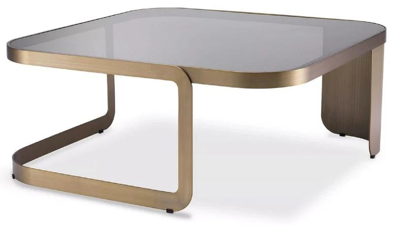 Casa Padrino Luxus Couchtisch Messingfarben / Grau 90,5 x 90,5 x H. 38,5 cm - Edelstahl Wohnzimmertisch mit Glasplatte - Wohnzimmer Möbel - Luxus Möbel