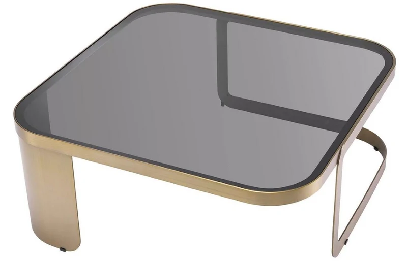 Casa Padrino Luxus Couchtisch Messingfarben / Grau 90,5 x 90,5 x H. 38,5 cm - Edelstahl Wohnzimmertisch mit Glasplatte - Wohnzimmer Möbel - Luxus Möbel