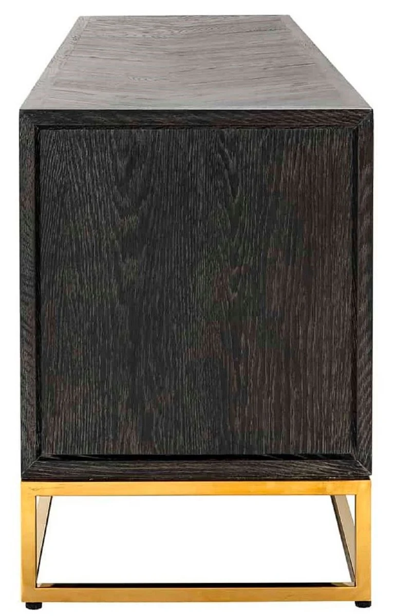 Casa Padrino Luxus TV Schrank Schwarz / Gold 185 x 42,5 x H. 60 cm - Massivholz Sideboard mit 4 Türen - Wohnzimmer Möbel - Hotel Möbel - Luxus Kollektion