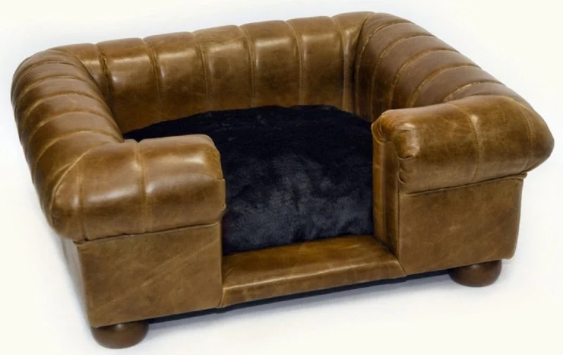Casa Padrino Luxus Leder Hundebett Vintage Braun / Dunkelbraun / Schwarz 109 x 89 x H. 37 cm - Rechteckiges Echtleder Hundebett - Luxus Echtleder Tiermöbel