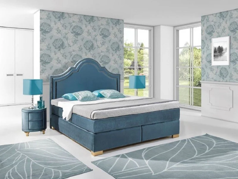 Casa Padrino Jugendstil Doppelbett Blau / Gold - Verschiedene Größen - Elegantes Massivholz Bett mit Kopfteil - Jugendstil Schlafzimmer Möbel