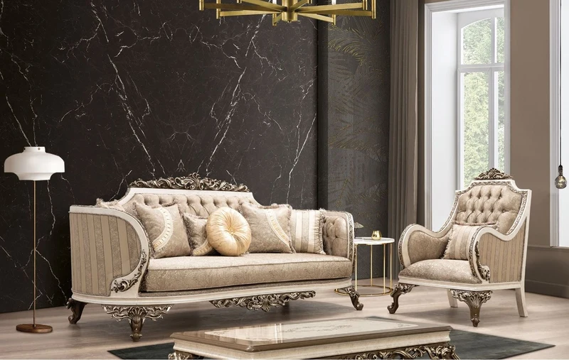 Casa Padrino Luxus Barock Wohnzimmer Set Beige / Cremefarben / Braun / Gold - 2 Sofas & 2 Sessel & 1 Couchtisch - Handgefertigte Wohnzimmer Möbel im Barockstil - Edel & Prunkvoll