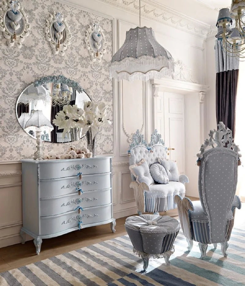 Casa Padrino Luxus Barock Kindersessel Grau / Mehrfarbig / Hellblau - Prunkvoller Kinderzimmer Sessel im Barockstil - Barock Kinderzimmer Möbel - Erstklassische Qualität - Made in Italy