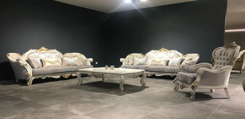 Casa Padrino Luxus Barock Wohnzimmer Set Grau / Türkis / Weiß / Gold - 2 Barock Sofas mit Muster & 2 Barock Sessel mit Muster & 1 Barock Couchtisch - Barock Wohnzimmer Möbel