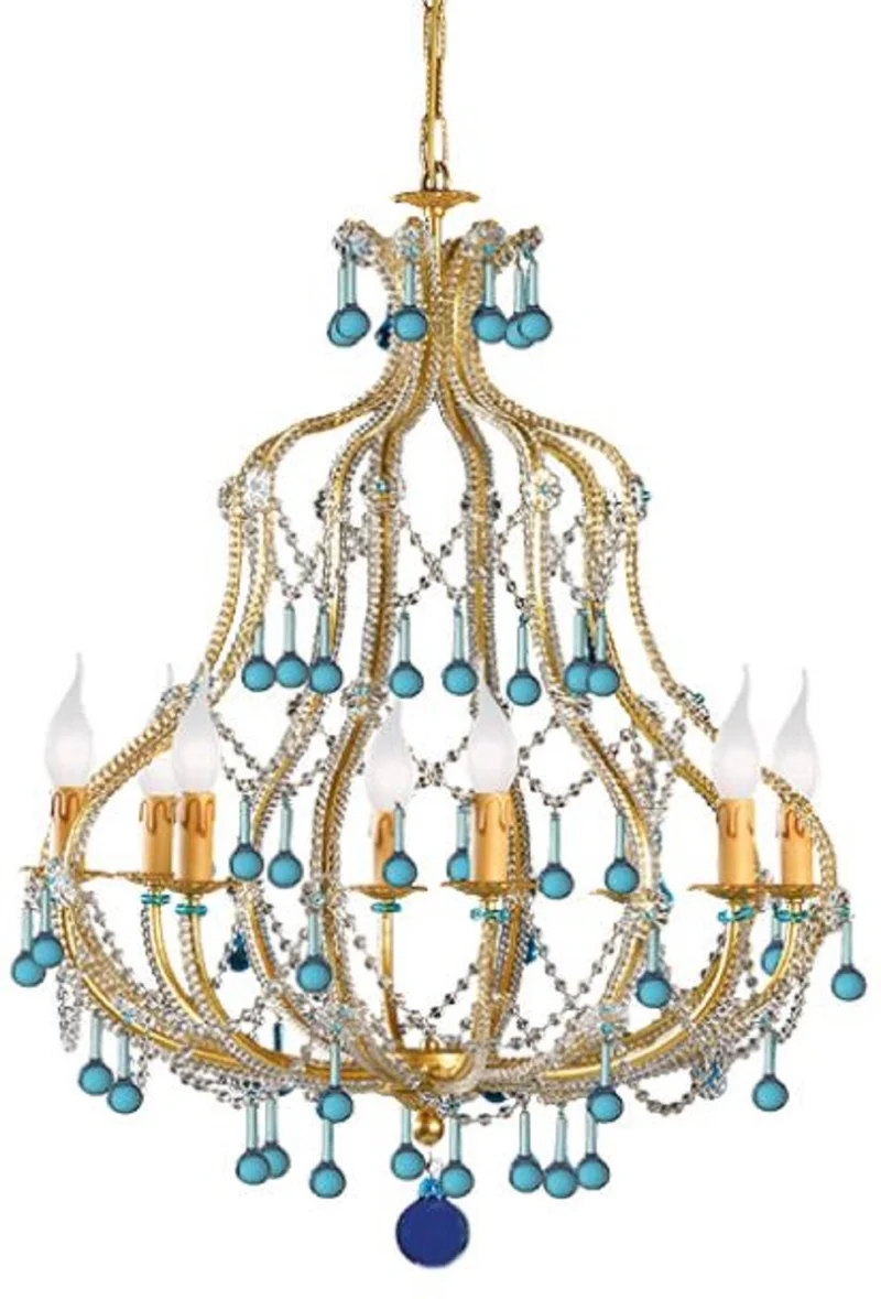 Casa Padrino Luxus Barock Kronleuchter Gold / Blau Ø 64 x H. 80 cm - Prunkvoller Kronleuchter mit Murano Glas - Hotel & Restaurant Kronleuchter - Luxus Qualität - Made in Italy