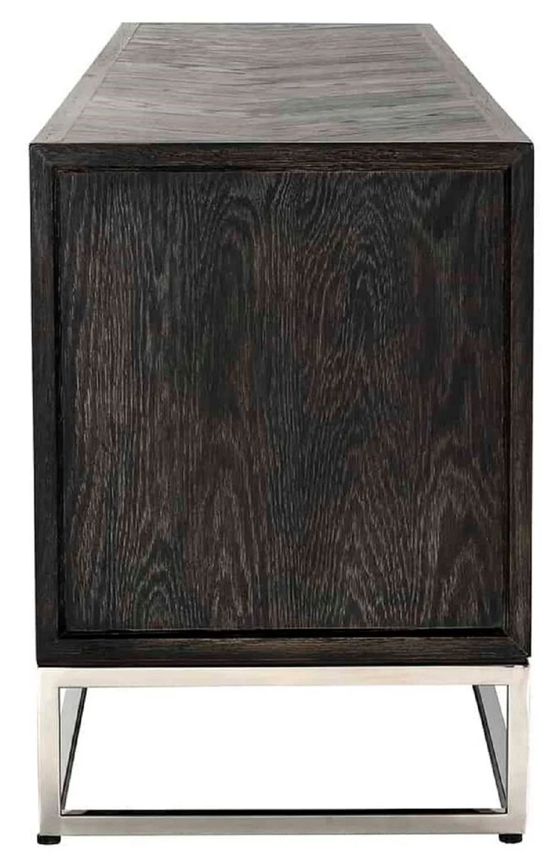 Casa Padrino Luxus TV Schrank Schwarz / Silber 185 x 42,5 x H. 60 cm - Massivholz Sideboard mit 4 Türen - Wohnzimmer Möbel - Hotel Möbel - Luxus Kollektion