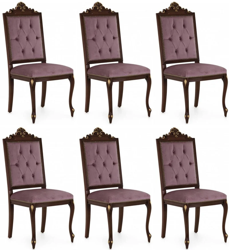 Casa Padrino Luxus Barock Esszimmerstuhl Set Lila / Dunkelbraun / Gold - Handgefertigtes Küchen Stühle 6er Set - Barock Esszimmer Möbel - Luxus Qualität - Made in Italy